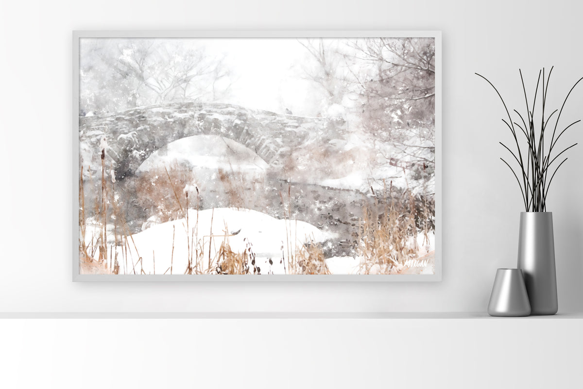 Snowy Gapstow Bridge Canvas 36&quot;x24&quot; White Frame