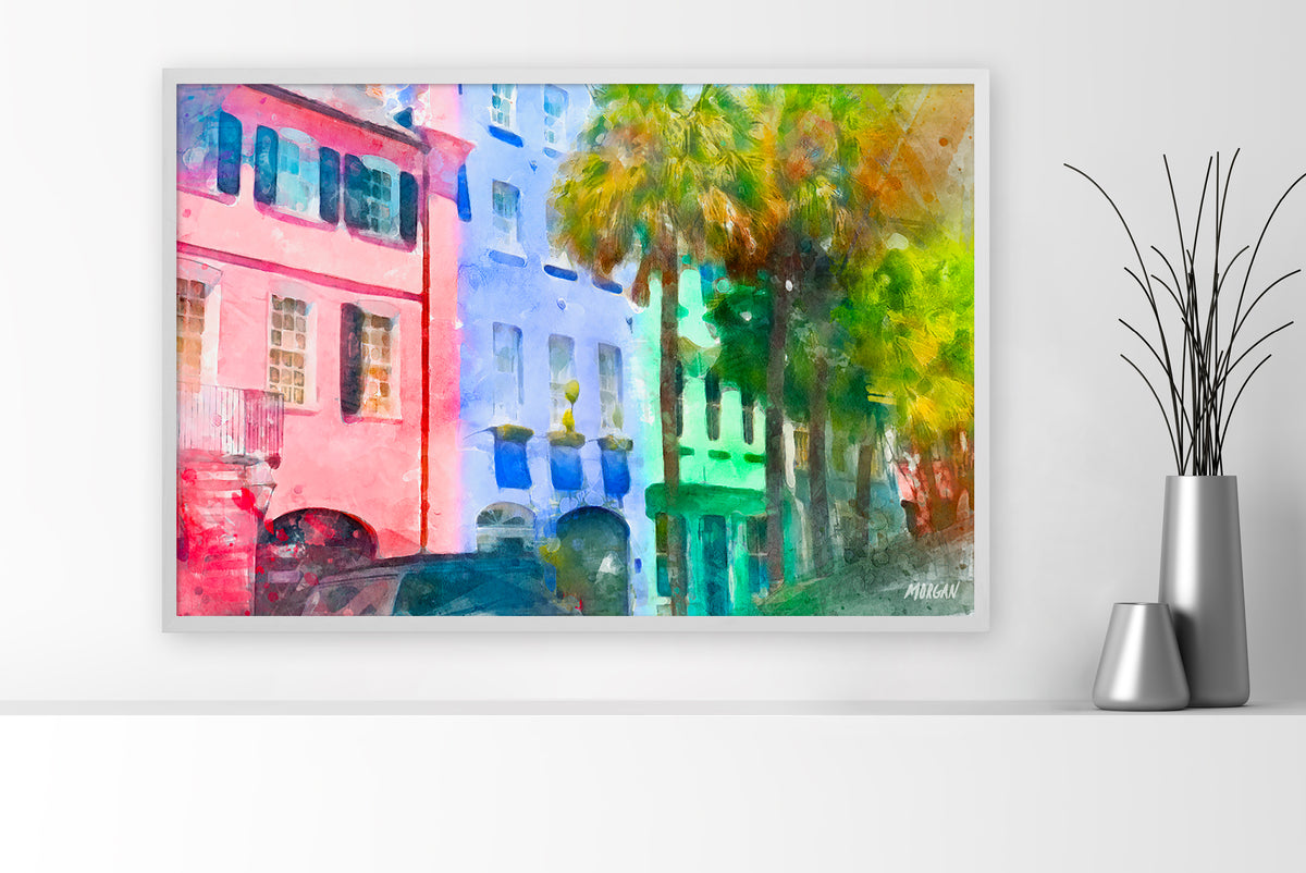 Rainbow Row Giclee Canvas 36&quot;x24&quot; White Frame