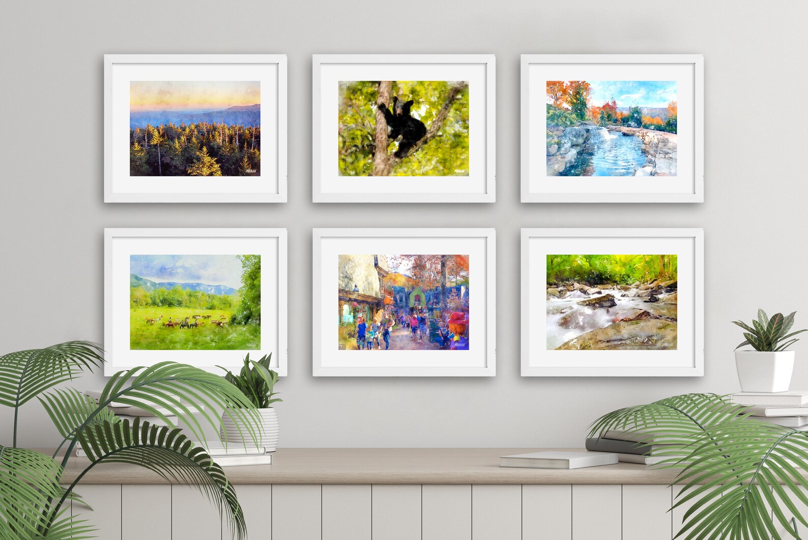 Smoky Mountains art prints set of six white framed.