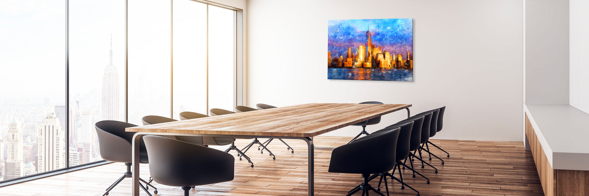 Stunning New York City Skyline modern art piece in a sophisticated boardroom.