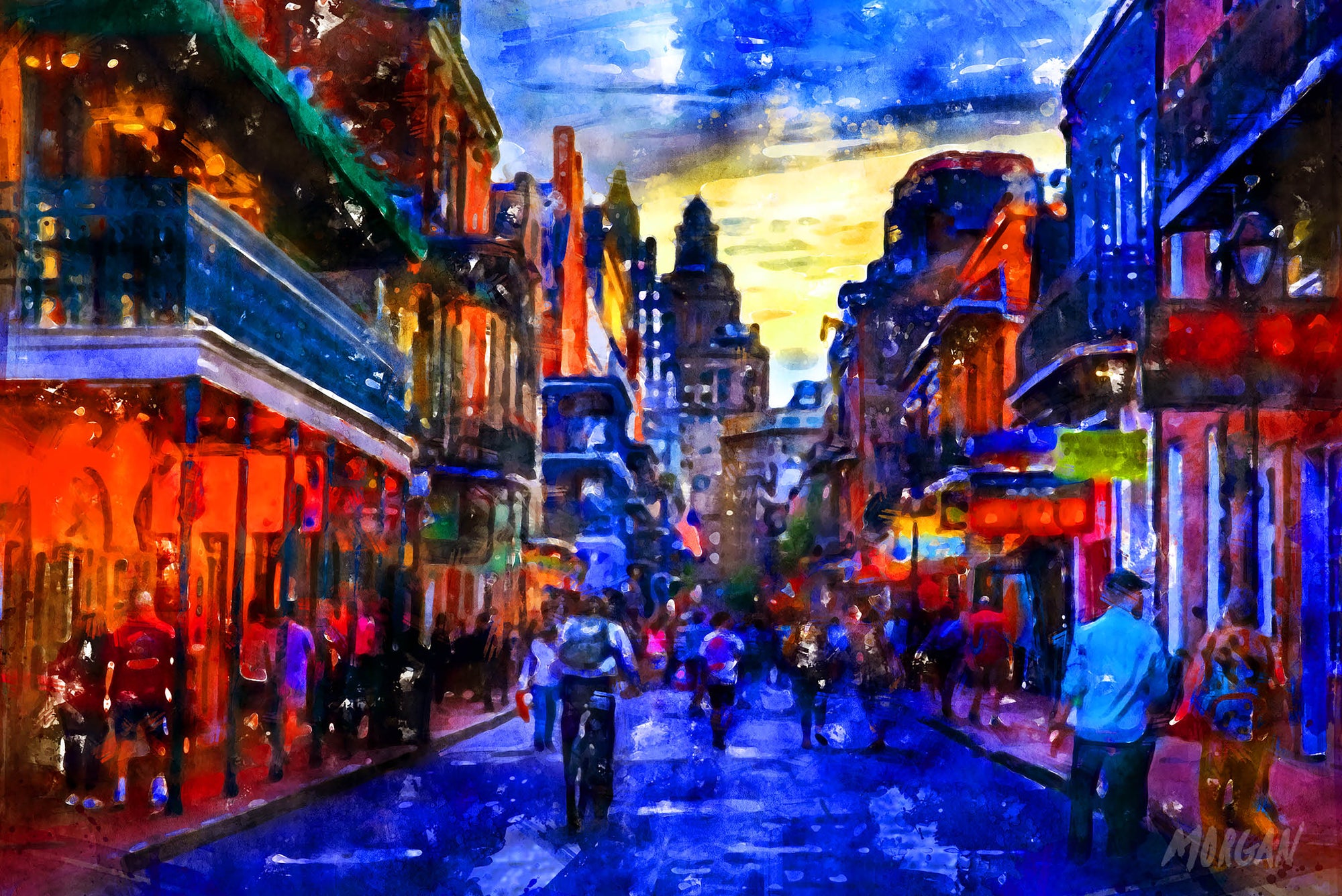 Watercolor Painting of Bourbon Street in evening - New Orleans LA