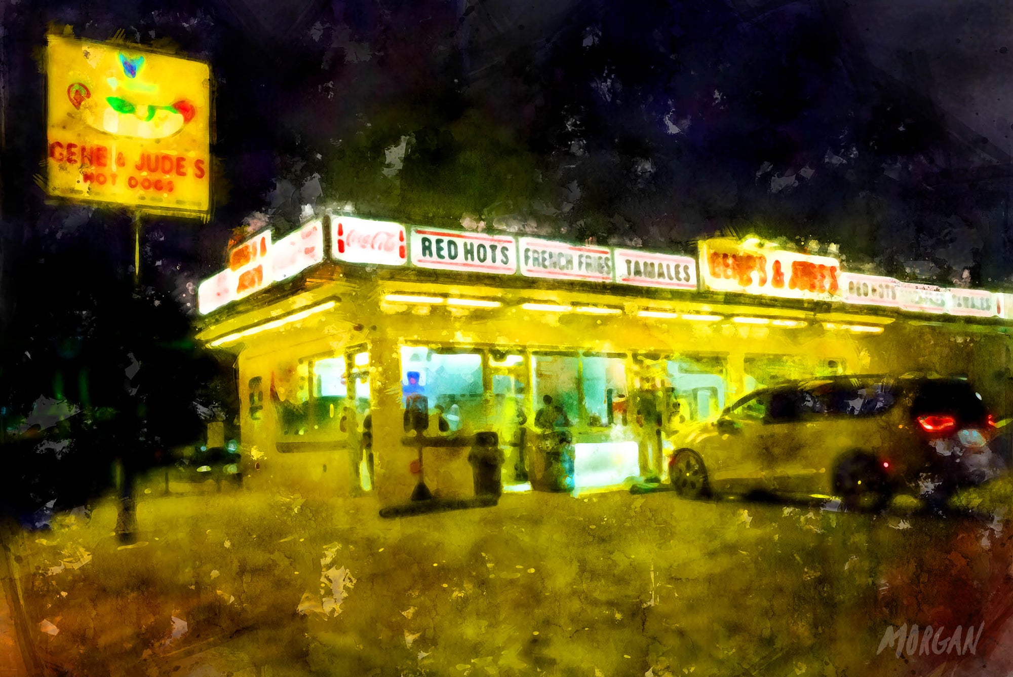 Gene & Jude's Iconic Chicago Hot Dog Stand Watercolor Art 