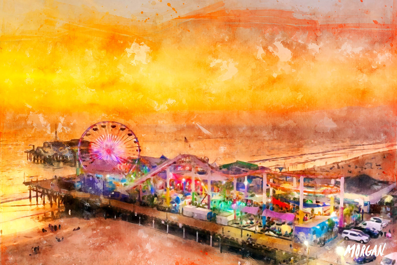Santa Monica Pier Watercolor Paintings - Los Angeles Wall Art