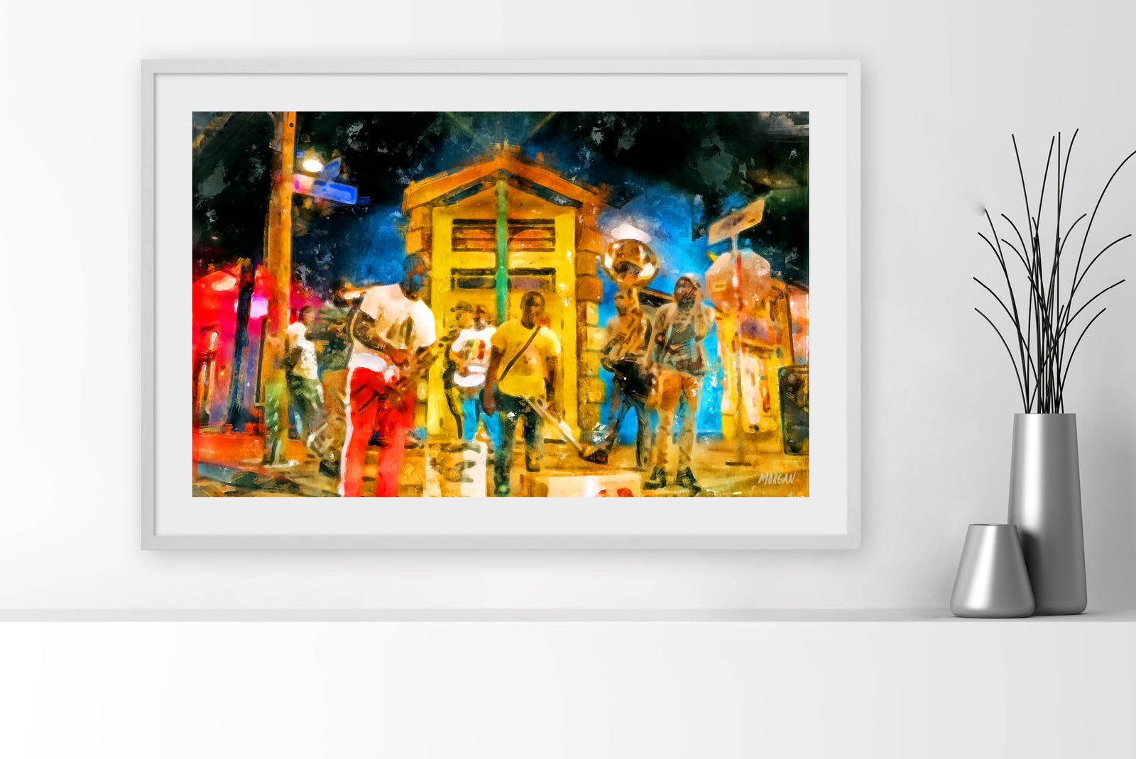 Buskers on the street corner in New Orleans Framed Art Prints