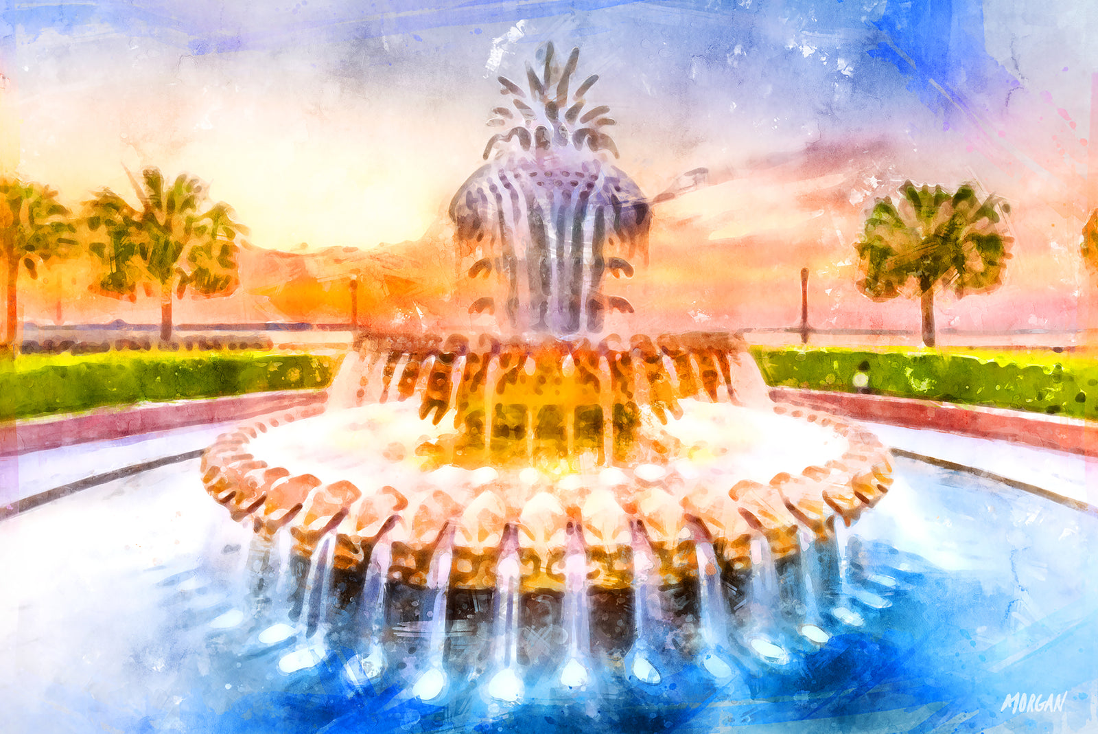 Pineapple Fountain Charleston SC Giclee Watercolor Painting