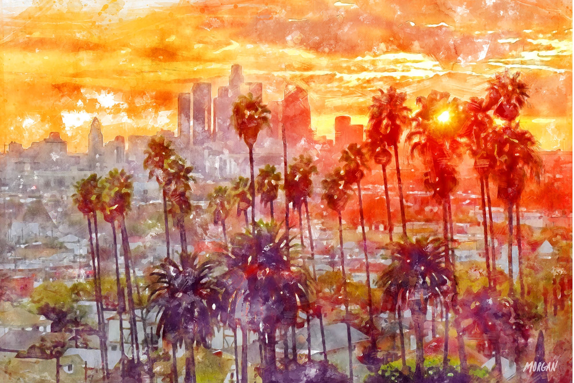 Watercolor Paintings of Los Angeles skyline in the evening art
