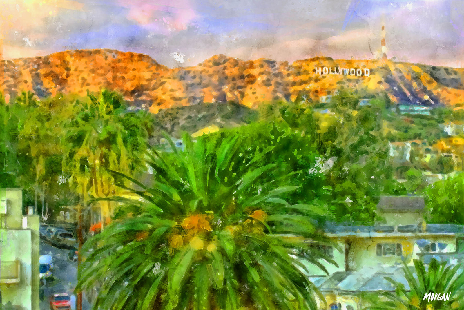 Watercolor Painting of Hollywood Sign Wall Art