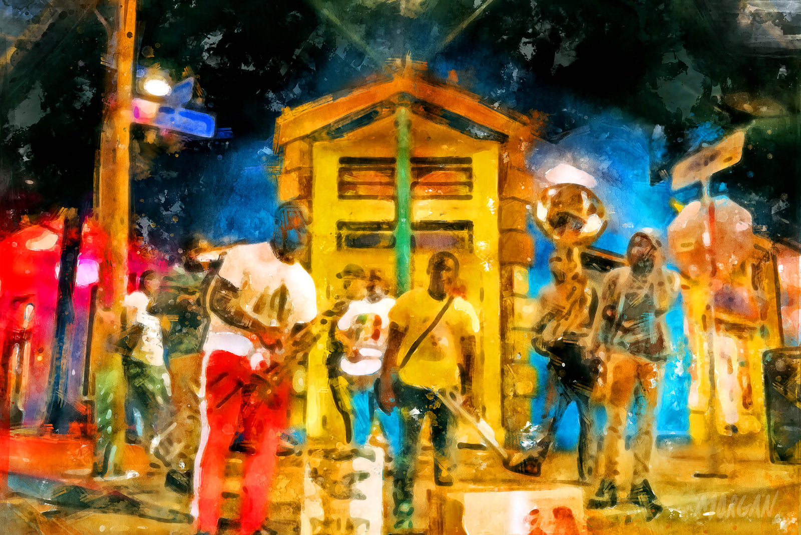 Buskers in the streets of New Orleans Watercolor Painting