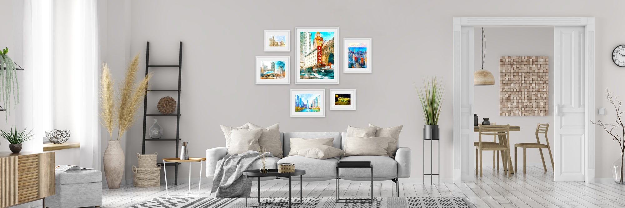 Chicago framed art set in modern living room.