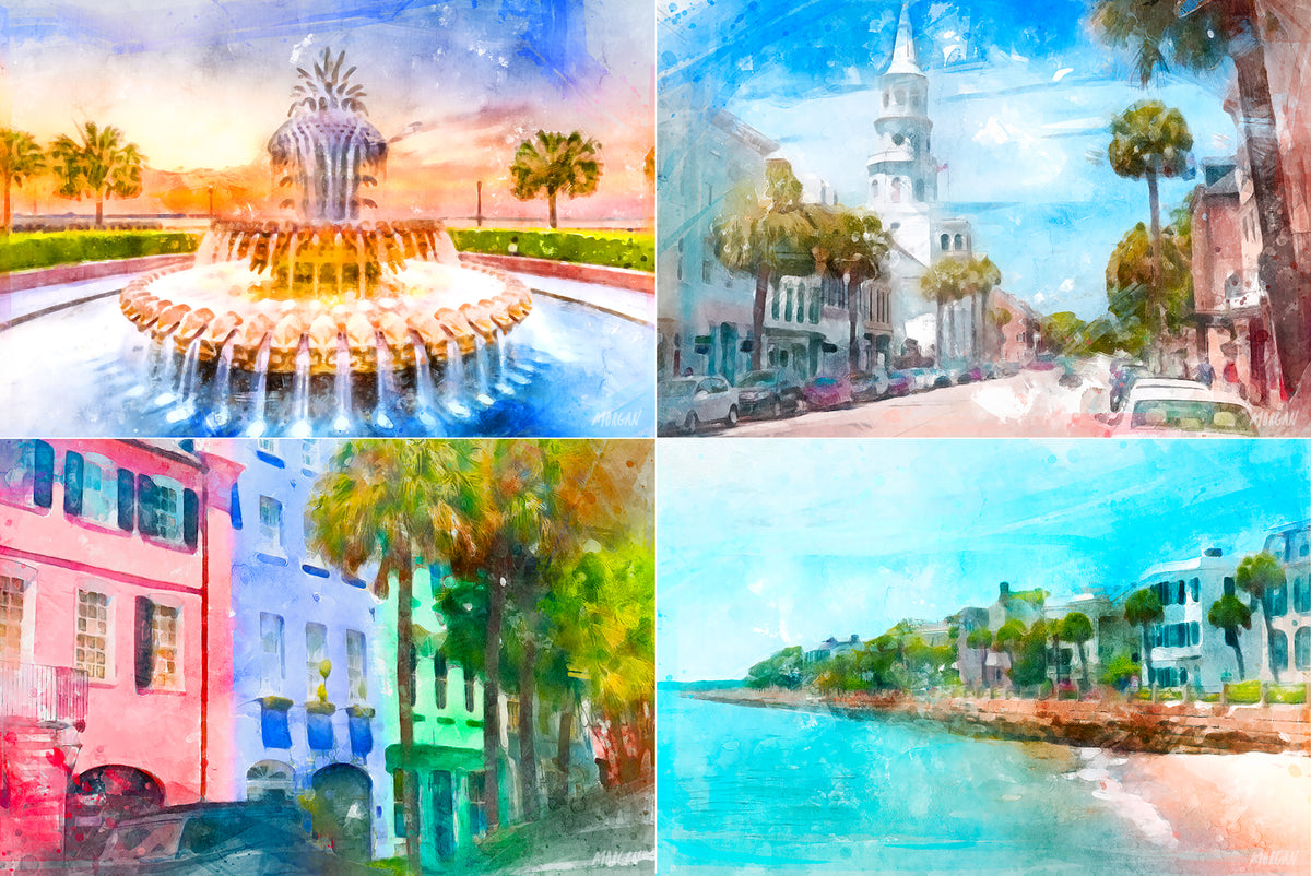 Watercolor canvases of Charleston South Carolina