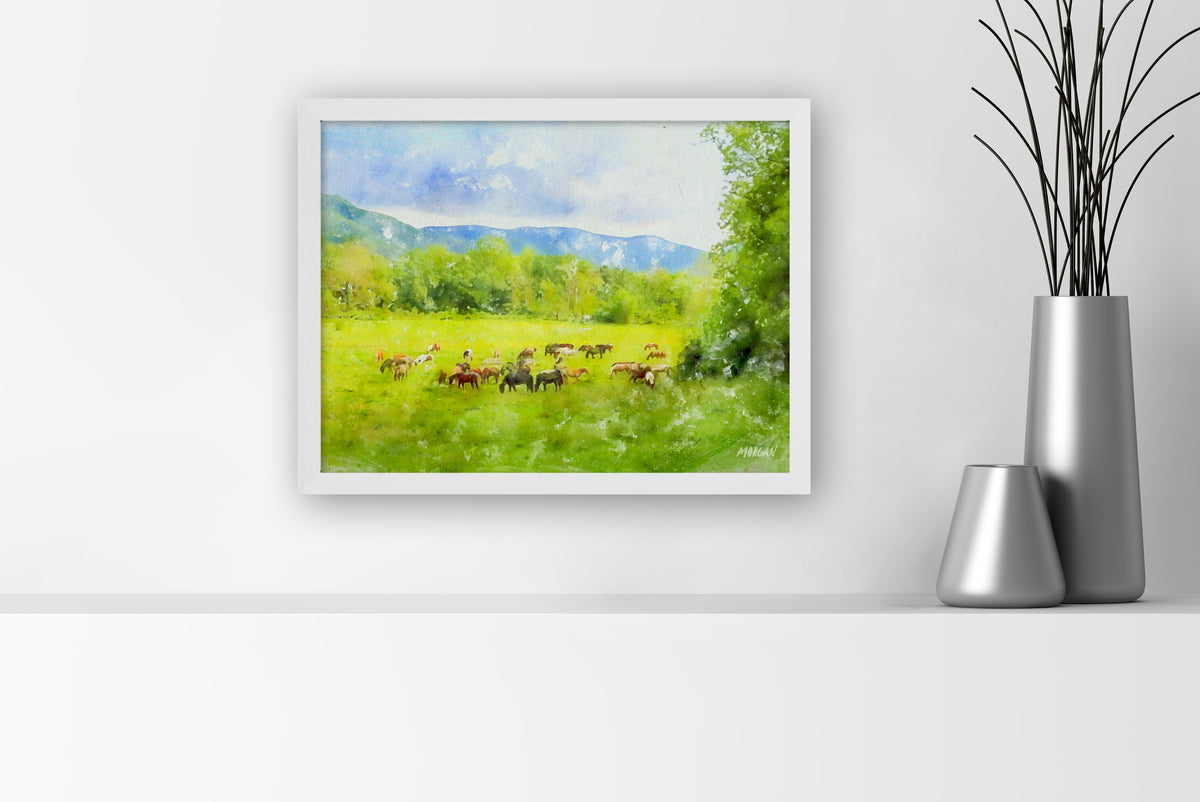 Horses at Cades Cove – Smoky Mountains small canvas art print with white frame.