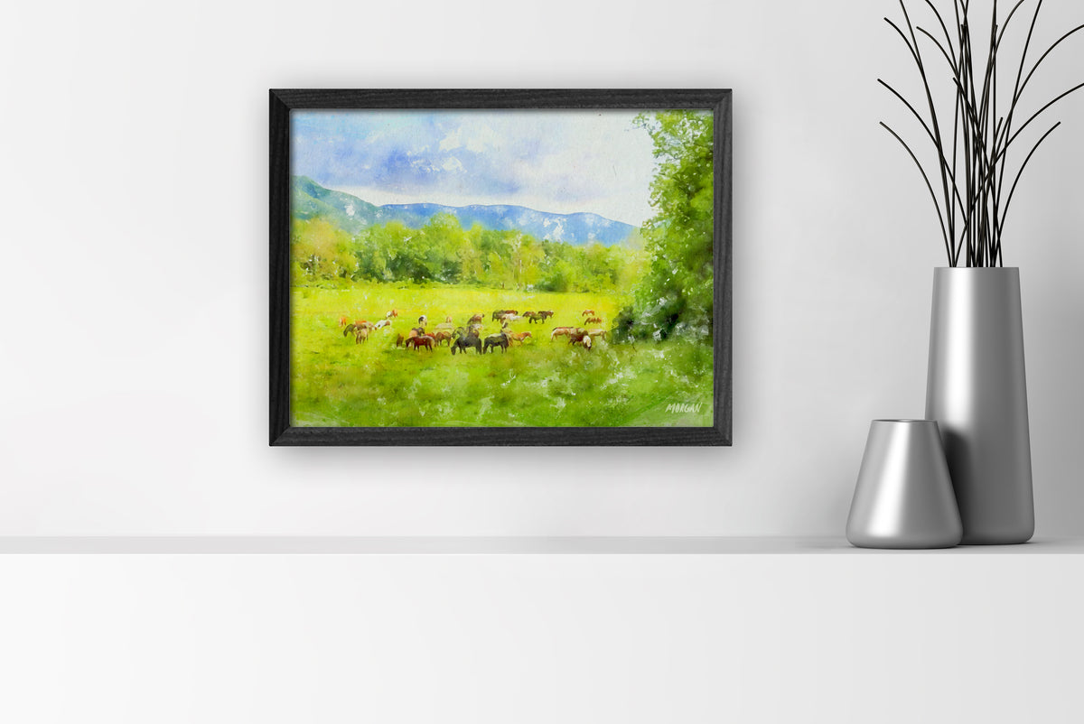 Horses at Cades Cove – Smoky Mountains small canvas art print with black frame.