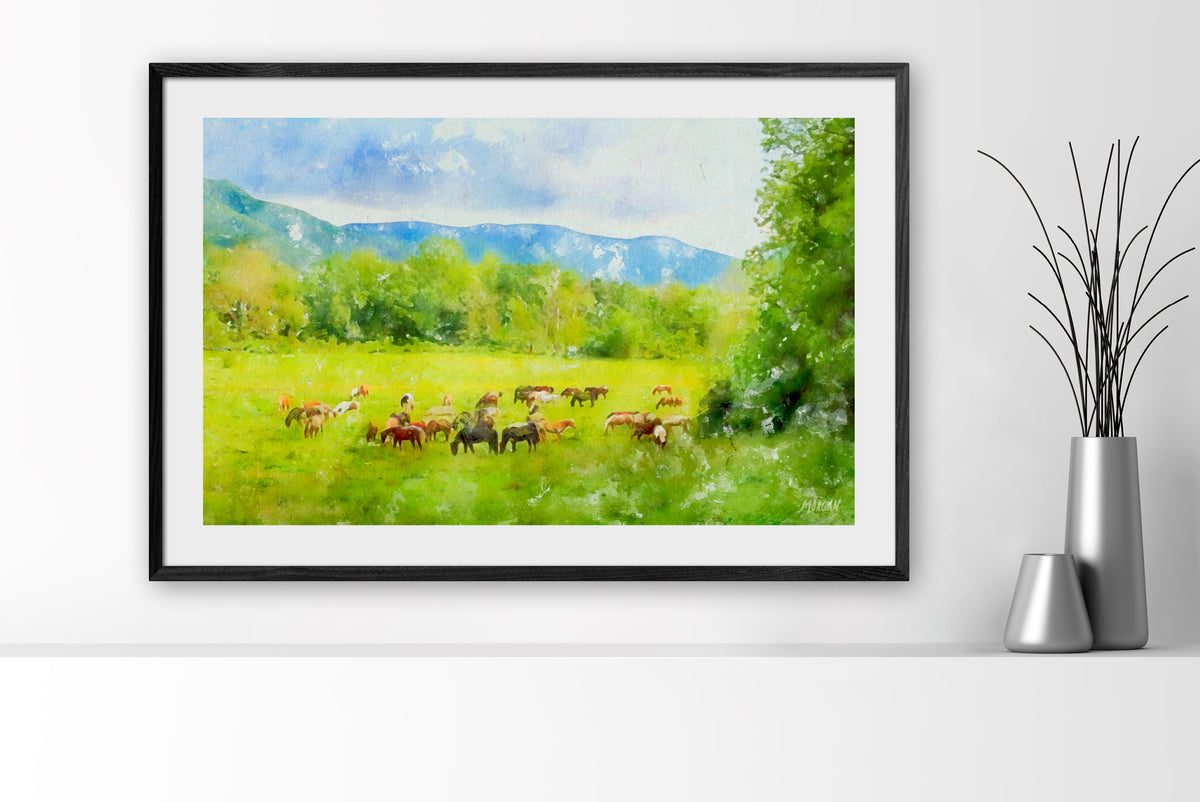 Horses at Cades Cove Large Art Print with Black Frame