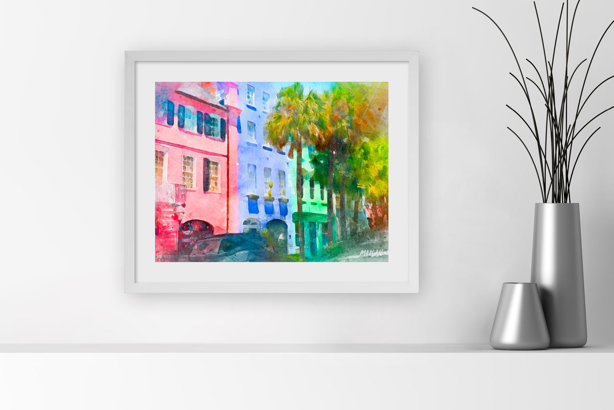 Rainbow Row - Charleston Art Print 20&quot;x16&quot; White Frame