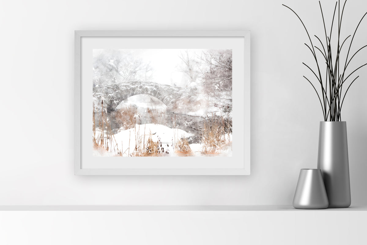 Snowy Gapstow Bridge 20&quot;x16&quot; Art Print White Frame