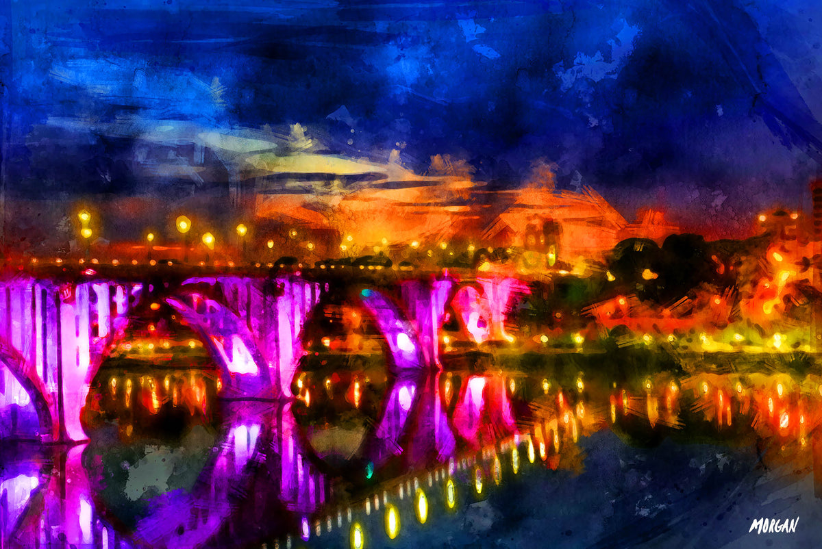 The Henley Street Bridge at Night - Knoxville Water Color Art Prints