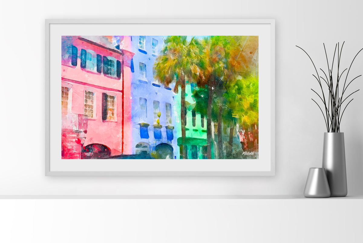 Rainbow Row - Charleston Art Print 36&quot;x24&quot; White Frame