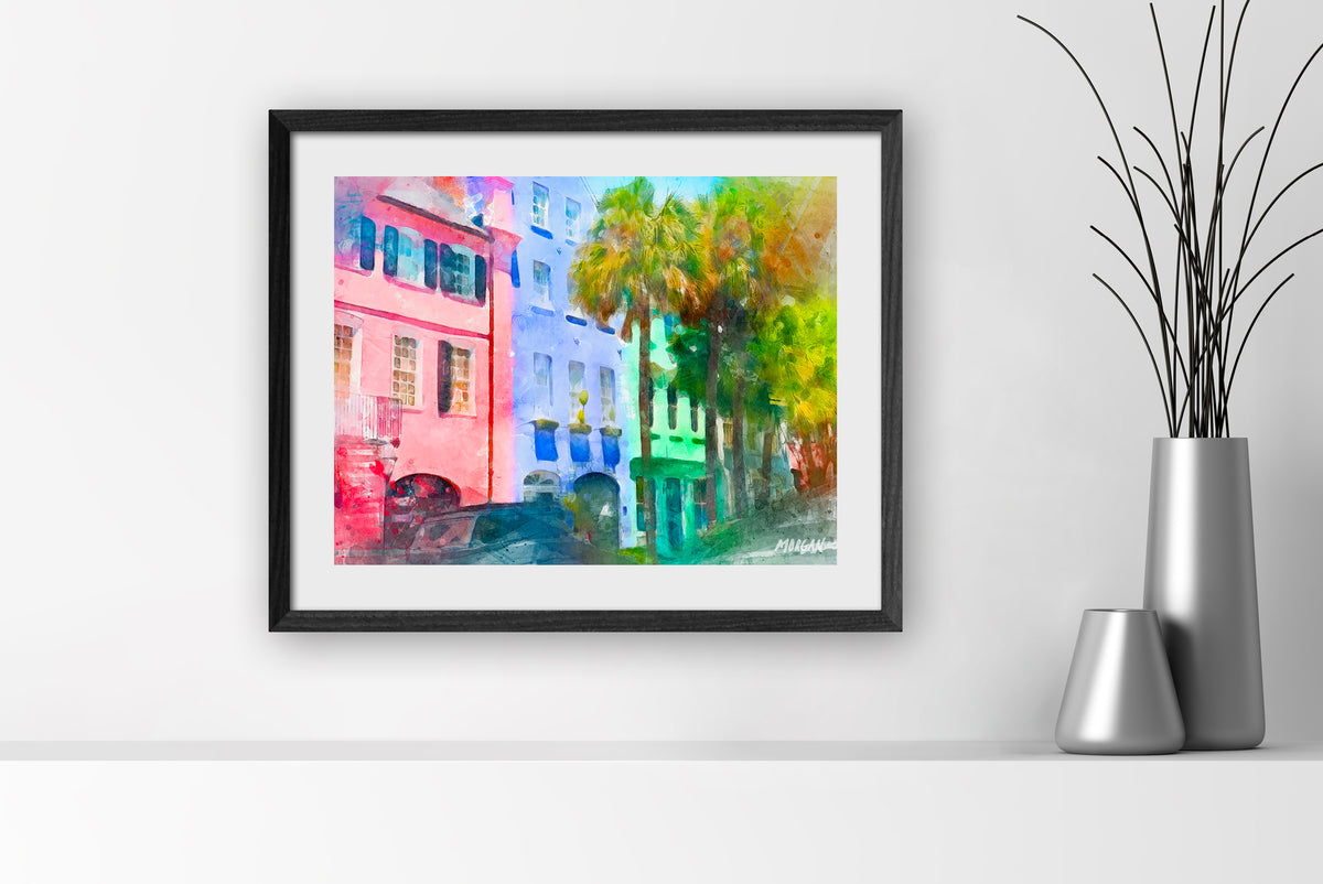 Rainbow Row - Charleston Art Print 20&quot;x16&quot; Black Frame
