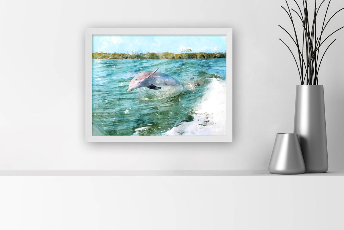 Dolphin 16x12 Canvas Wall Art White Frame