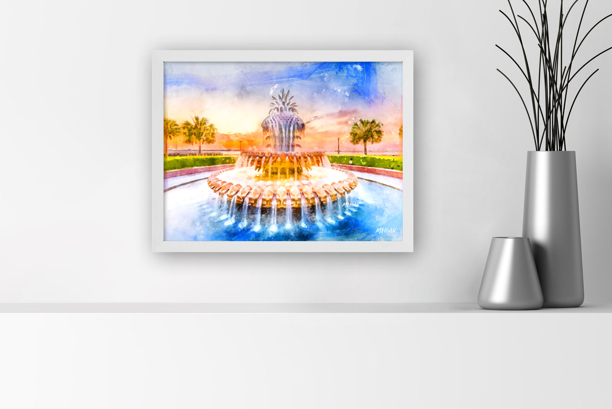 Pineapple Fountain Giclee Canvas 16&quot;x12&quot; White Frame