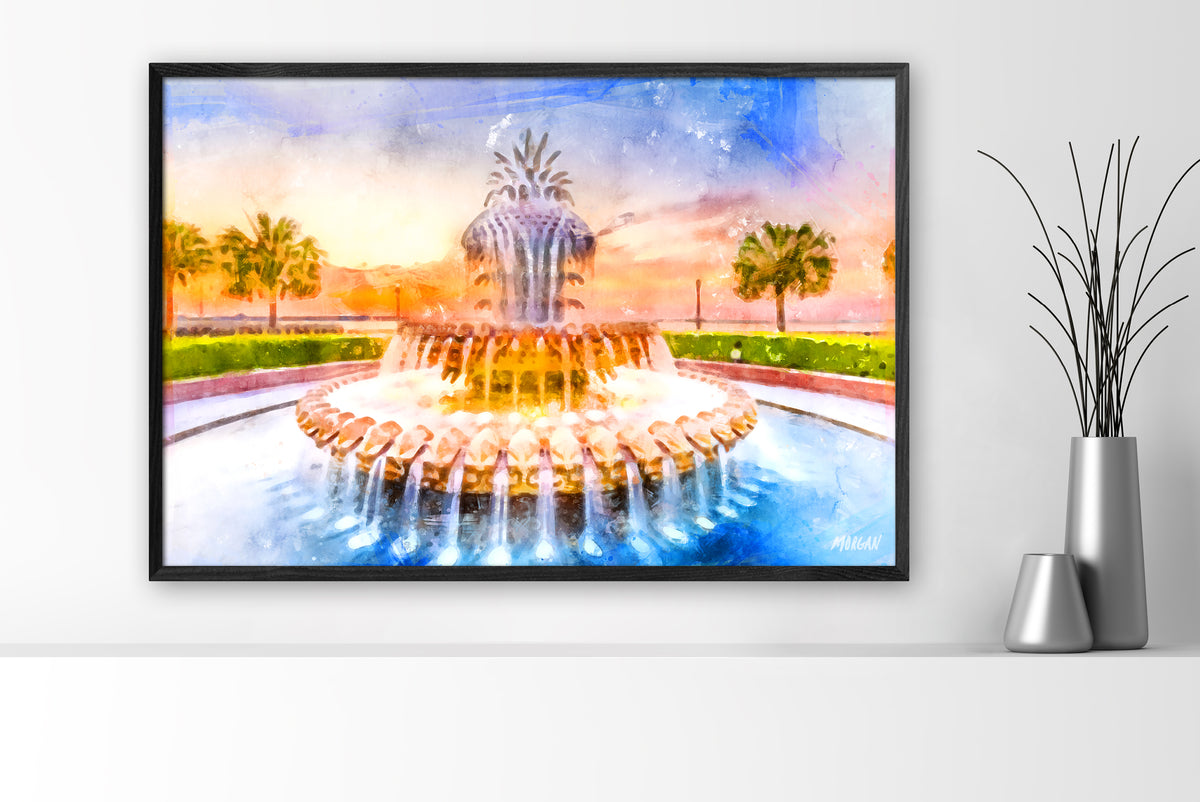 Pineapple Fountain Giclee Canvas 36&quot;x24&quot; Black Frame