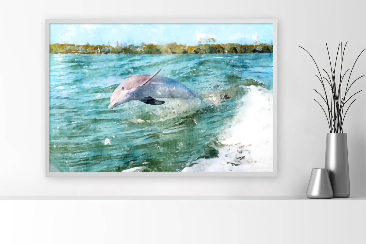 Dolphin 36x24 Canvas Wall Art White Frame