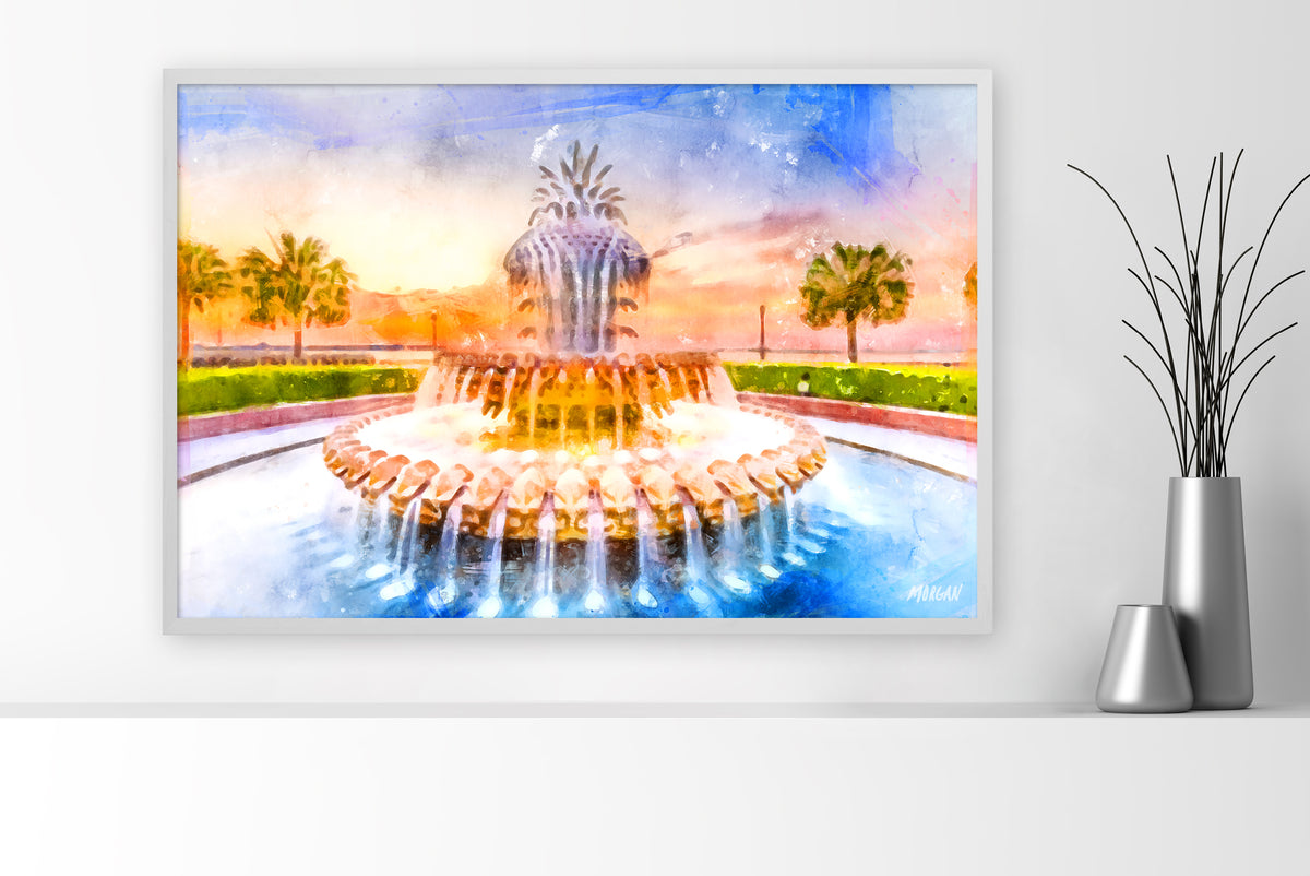 Pineapple Fountain Giclee Canvas 36&quot;x24&quot; White Frame