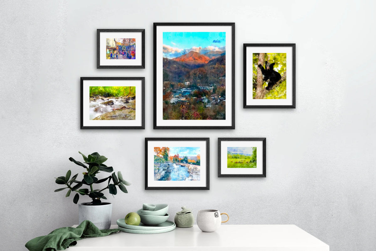 Smoky Mountains art prints set of six black framed.