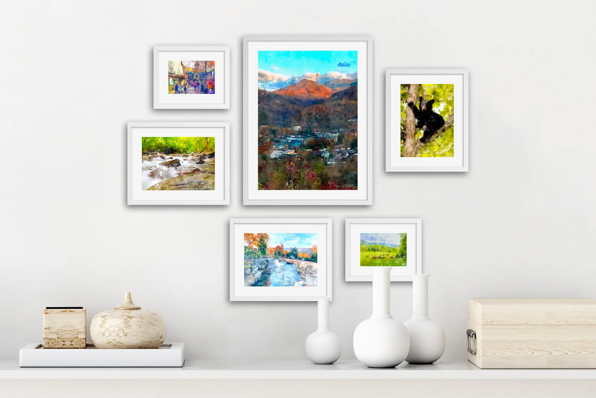 Smoky Mountains art set of six white framed