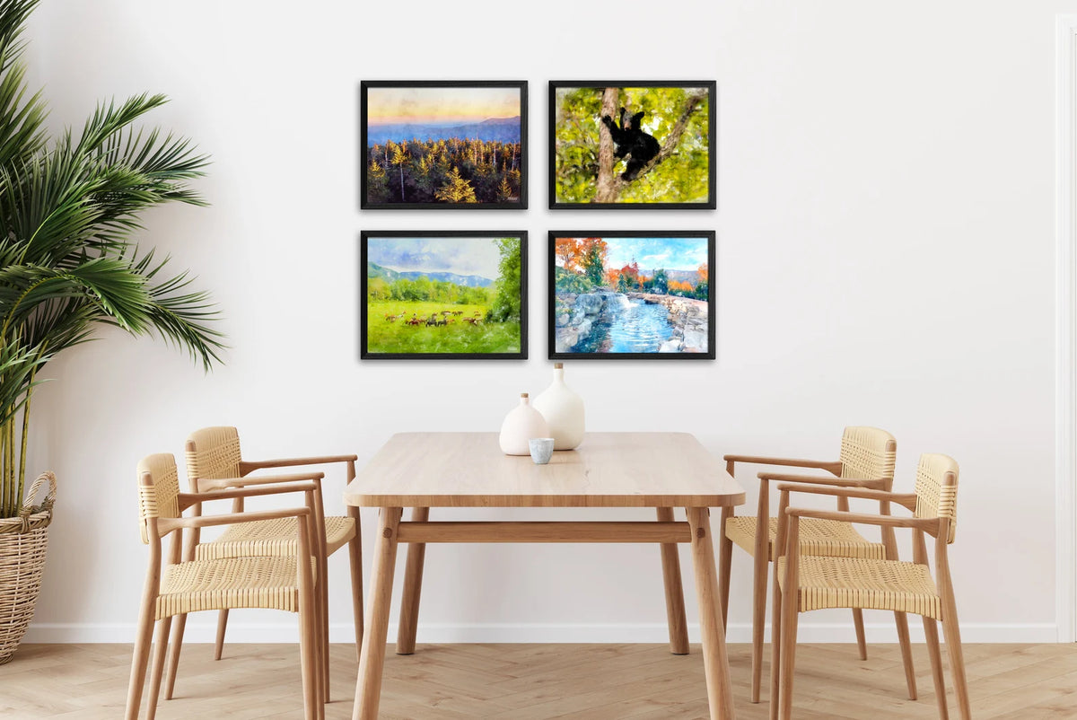 Smoky Mountains art canvases set of four black framed.