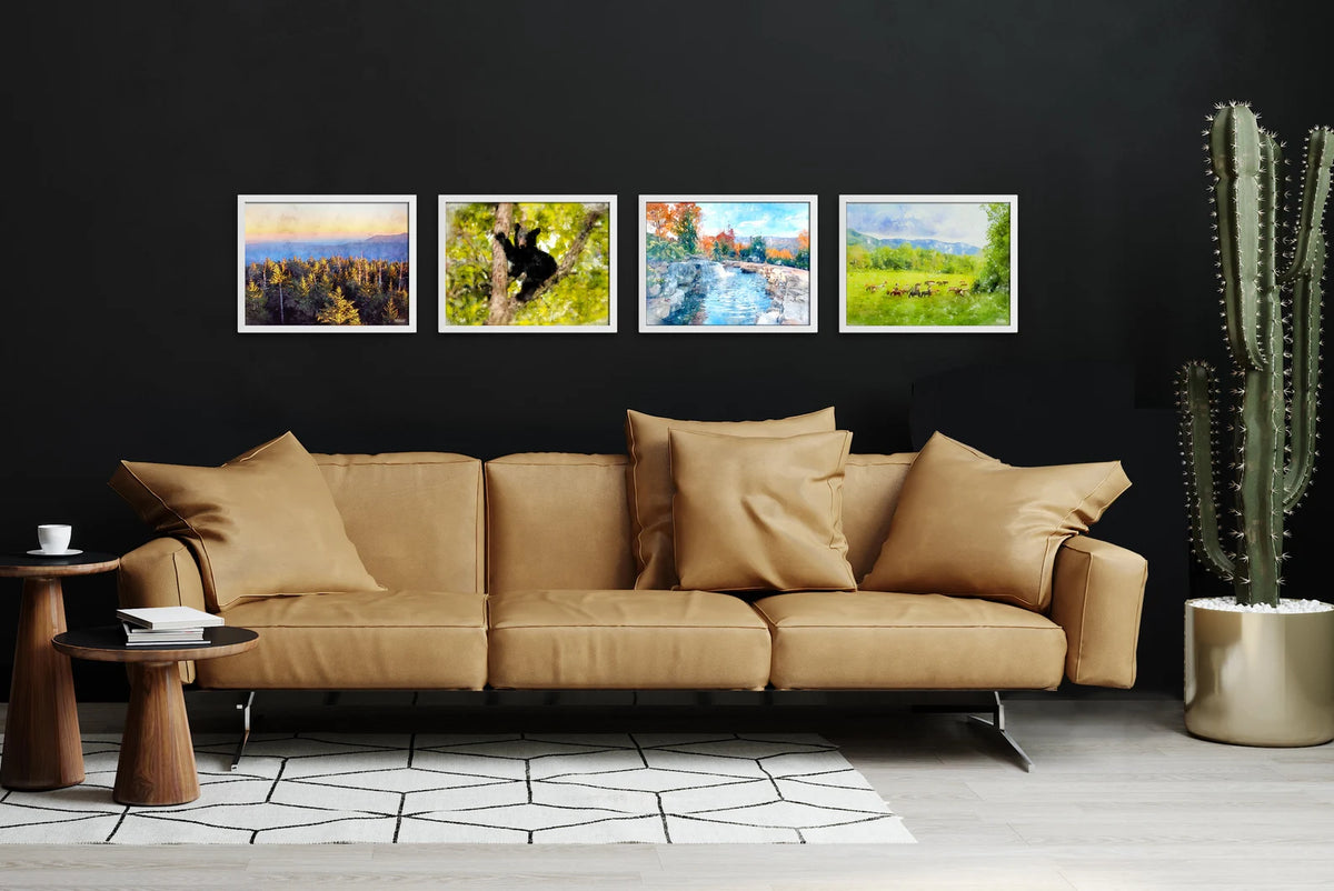 Smoky Mountains art canvases set of four white framed.