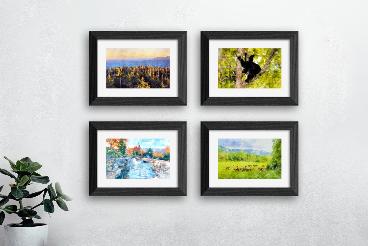 Smoky Mountains small art prints set of four black framed.