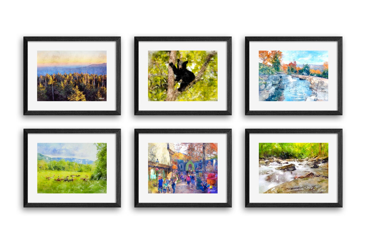 Smoky Mountains art prints set of six black framed.