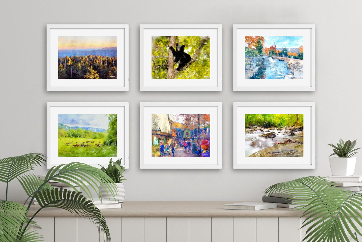 Smoky Mountains art prints set of six white framed.