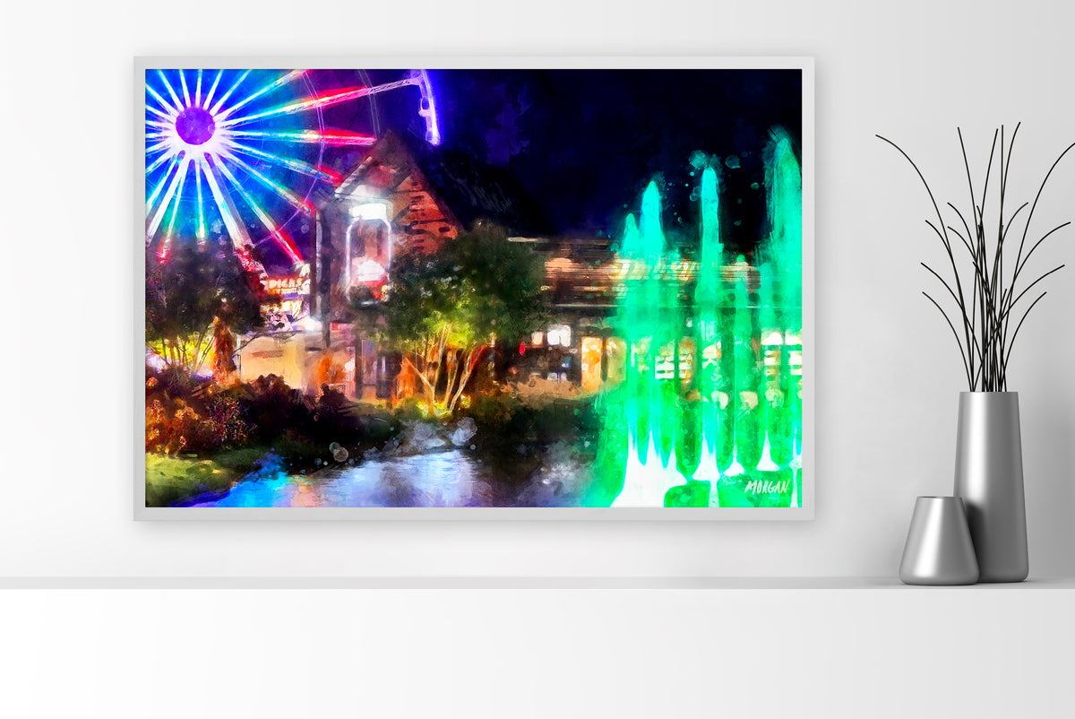 The Island at Pigeon Forge – Smoky Mountains large canvas art print with white frame.